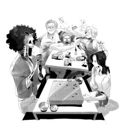 Rule 34 | 1girl, 4boys, afro, bad id, bad twitter id, black hair, board game, bowl, broken table, brook (one piece), card, commentary request, cup, eyewear on head, face punch, go (board game), grabbing, greyscale, hair over one eye, hand on own chin, hat, highres, holding, holding cup, in the face, jacket, korean commentary, long hair, long sleeves, monochrome, mulmulgogibbq, multiple boys, necktie, nico robin, one piece, open mouth, panicking, pants, playing card, playing games, punching, roronoa zoro, sanji (one piece), scar, scar across eye, scar on face, shirt, short hair, simple background, sitting, skeleton, squiggle, sunglasses, t-shirt, table, teeth, tony tony chopper, waistcoat, white background