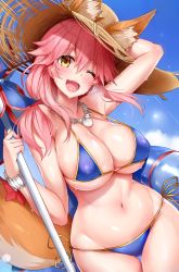Rule 34 | 10s, 1girl, absurdres, animal ear fluff, animal ears, arm up, bare shoulders, bikini, blue bikini, blue gk, blue sky, blush, bracelet, breasts, cleavage, curvy, day, fang, fate/extra, fate/grand order, fate (series), fox ears, fox tail, hair between eyes, hat, highres, hip focus, innertube, jewelry, large breasts, long hair, looking at viewer, navel, necklace, one eye closed, open mouth, outdoors, parasol, pink hair, side-tie bikini bottom, sidelocks, sky, smile, solo, straw hat, sun hat, swim ring, swimsuit, tail, tamamo (fate), tamamo no mae (fate/extra), tamamo no mae (swimsuit lancer) (fate), thighs, umbrella, wet, wide hips, yellow eyes