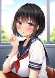 Rule 34 | 1girl, black hair, blue sailor collar, blunt bangs, blurry, blurry background, blush, breast rest, breasts, chair, classroom, commentary request, day, desk, hand up, indoors, karutamo, large breasts, looking at viewer, looking to the side, neckerchief, on chair, original, paid reward available, purple eyes, red neckerchief, sailor collar, school chair, school desk, school uniform, serafuku, shirt, short hair, short sleeves, sitting, solo, table, upper body, white shirt