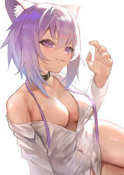 Rule 34 | 1girl, absurdres, animal ears, bare shoulders, breasts, cat ears, cat girl, cleavage, collar, highres, hololive, kouhiipan, medium breasts, naked shirt, nekomata okayu, nekomata okayu (oversized shirt), no bra, no panties, open clothes, purple eyes, purple hair, ribbon, shirt, short hair, smile, solo, tongue, tongue out, virtual youtuber, white background