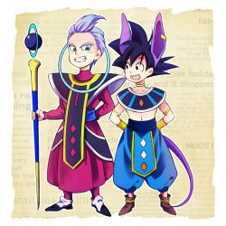 Rule 34 | 2boys, arms behind back, beerus, beerus (cosplay), black eyes, black hair, blue eyes, child, cosplay, dragon ball, dragon ball z kami to kami, dragonball z, egyptian clothes, happy, looking at another, male focus, multiple boys, open mouth, purple hair, robe, rochiko (bgl6751010), simple background, smile, son goten, spiked hair, staff, trunks (dragon ball), whis, whis (cosplay), white background