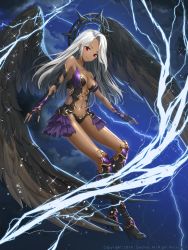 Rule 34 | 1girl, absurdres, black footwear, black gloves, black wings, boots, breasts, cleavage, commentary, dark-skinned female, dark skin, elbow gloves, feathered wings, full body, gem, gloves, high heel boots, high heels, highres, huge filesize, lightning, long hair, looking at viewer, medium breasts, navel, original, red eyes, revealing clothes, saemoy, smile, solo, sparkle, tagme, white hair, wings
