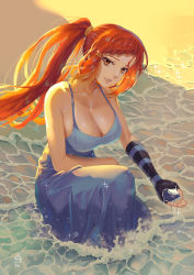 Rule 34 | 1girl, bare shoulders, beach, blue camisole, blue skirt, braid, braided bangs, breasts, camisole, cleavage, fingerless gloves, french braid, ge xi, gloves, hair ornament, hairclip, highres, large breasts, levasol defense corps, lien ai-chiang, long hair, long skirt, looking at viewer, ocean, on one knee, orange eyes, orange hair, parted lips, ponytail, red lips, single glove, skirt, smile, solo, very long hair, water, wet, wind, witches in 7th base