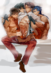 Rule 34 | 4boys, abs, age difference, bara, cum, erection, fate/zero, fate (series), glasses, grin, group sex, handjob, highres, male focus, multiple boys, muscular, naughty face, pectorals, penis, smile, tagme, teeth, undressing, wince, yaoi