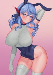 Rule 34 | 1girl, absurdres, ako (blue archive), animal ears, arm up, armpits, bare shoulders, blue archive, blue hairband, blue leotard, blush, breasts, cleft of venus, closed mouth, covered erect nipples, covered navel, cowboy shot, ear piercing, elbow gloves, fake animal ears, gloves, hair between eyes, hair ornament, hairband, highres, large breasts, leotard, looking at viewer, medium hair, piercing, pink background, pinkcap, playboy bunny, rabbit ears, simple background, smile, solo, thighhighs, thighs, white gloves