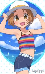 Rule 34 | 1girl, absurdres, armpits, blue shorts, blue sky, blush, brown eyes, brown hair, clenched hands, cloud, collarbone, commentary request, cowboy shot, dated, denim, denim shorts, dot nose, flat chest, hair ornament, hairclip, hands up, happy birthday, hat, highres, idolmaster, idolmaster cinderella girls, looking at viewer, midriff, multicolored shirt, navel, ocean, open mouth, polka dot, polka dot background, ryuzaki kaoru, short hair, shorts, simple background, sky, smile, solo, spaghetti strap, tank top, teeth, thick eyebrows, thighs, upper teeth only, white hat, yama tatsuo