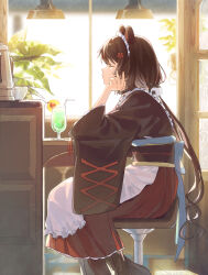 Rule 34 | 1girl, absurdres, aji (eatfishfly), animal ears, apron, black kimono, brown footwear, brown kimono, chair, closed eyes, cup, dog ears, dog girl, dog hair ornament, drinking glass, drinking straw, flower, hair flower, hair ornament, head rest, highres, indoors, inui toko, japanese clothes, kimono, long sleeves, low twintails, maid, maid headdress, nijisanji, plant, pleated skirt, potted plant, red skirt, sitting, skirt, solo, tropical drink, twintails, virtual youtuber, wa maid, white apron, wide sleeves