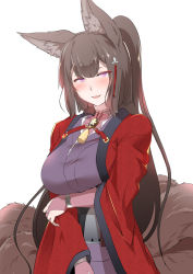 Rule 34 | 1girl, amagi (azur lane), animal ears, azur lane, blush, breasts, brown hair, coat, fox ears, fox girl, glowing, glowing eye, highres, japanese clothes, kimono, kitsune, kyuubi, large breasts, long hair, looking at viewer, multiple tails, open mouth, purple eyes, red coat, simple background, smile, solo, steed (steed enterprise), tail, thick eyebrows