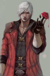 Rule 34 | 1boy, bad id, bad pixiv id, belt, blue eyes, capcom, coat, dante (devil may cry), devil may cry, devil may cry (series), devil may cry 4, facial hair, fingerless gloves, flower, gloves, highres, jacket, male focus, manly, realistic, red flower, red jacket, red rose, rose, solo, stubble, white-corner, white hair
