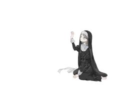 Rule 34 | absurdres, barefoot, black dress, blue eyes, commentary, cross, cross necklace, dress, expressionless, full body, grey hair, habit, hand up, highres, jewelry, long hair, necklace, nun, original, simple background, sitting, solo, symbol-only commentary, traditional nun, wariza, white background, yuge kemuri