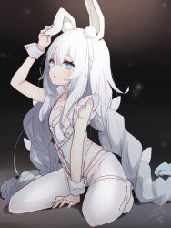 Rule 34 | 1girl, amagasa nadame, animal ear fluff, animal ears, arm up, azur lane, between legs, blue eyes, blush, braid, commentary request, grey hair, hair between eyes, hand between legs, high heels, highres, le malin (azur lane), le malin (listless lapin) (azur lane), leotard, long hair, low twintails, official alternate costume, pantyhose, parted lips, rabbit ears, shoes, signature, solo, twin braids, twintails, very long hair, white footwear, white hair, white leotard, white pantyhose, wrist cuffs