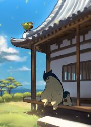 Rule 34 | architecture, badger, badger ears, bird, blue sky, bush, cloud, cloudy sky, creatures (company), cyndaquil, dorobo 93, east asian architecture, eating, food, fruit, game freak, gen 2 pokemon, grass, highres, holding, holding food, holding fruit, house, leaf, looking at another, mountain, natu, nintendo, no humans, on roof, pokemon, pokemon (creature), sitting, sitting on roof, sky, summer, tree, typhlosion, watermelon