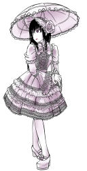 Rule 34 | 1boy, alternate costume, black hair, bonnet, bow, closed mouth, crossed legs, dress, eyelashes, flower, frilled dress, frilled sleeves, frills, gothic lolita, high heels, highres, holding, holding umbrella, kneehighs, lace, lace-trimmed dress, lace trim, limited palette, lips, lipstick, lolita fashion, long hair, long sleeves, looking back, makeup, male focus, maroxxtanaka, mary janes, monochrome, moyashimon, parasol, purple eyes, rose, shoes, simple background, socks, solo, spot color, trap, umbrella, watson cross, white background, white dress, yuuki kei
