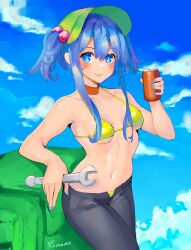 Rule 34 | 1girl, :d, absurdres, backpack, bag, bikini, black pants, blue eyes, blue hair, blue nails, blue sky, breasts, can, cleavage, cloud, commentary, cowboy shot, english commentary, green headwear, hair bobbles, hair ornament, highres, holding, holding can, holding wrench, kawashiro nitori, looking at viewer, medium breasts, navel, open mouth, outdoors, pants, parted lips, signature, sky, smile, solo, standing, swimsuit, tomatolover16, touhou, two side up, wrench, yellow bikini