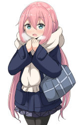 Rule 34 | 1girl, absurdres, aikawa ryou, bag, black pantyhose, blue eyes, blue jacket, blush, breath, breathing on hands, commentary request, fringe trim, hair between eyes, hands up, highres, jacket, kagamihara nadeshiko, long hair, low twintails, open mouth, own hands together, pantyhose, pink hair, pleated skirt, purple skirt, scarf, school bag, simple background, skirt, sleeves past wrists, solo, twintails, very long hair, white background, white scarf, yurucamp