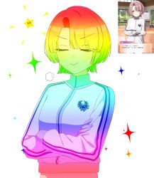 Rule 34 | 1girl, arimura mao, asymmetrical bangs, closed eyes, commentary request, crossed arms, doyagao, gakuen idolmaster, highres, hururu game, idolmaster, jacket, long sleeves, official art inset, puff of air, rainbow gradient, short hair, smug, solo, sparkle, super star (mario), track jacket, translation request, upper body, white background