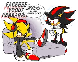 Rule 34 | 2boys, artist name, artist request, black gloves, english text, expressionless, fingerless gloves, gloves, goth fashion, grin, highres, looking at another, lying, multiple boys, music, parody, red eyes, sega, shadow the hedgehog, shoes, simple background, size difference, smile, sonic (series), sonic frontiers, sonic the hedgehog, spiked hair, super sonic, twitter username