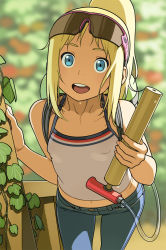 Rule 34 | 1girl, :d, ana coppola, bare shoulders, blonde hair, blue eyes, denim, covered erect nipples, go robots, ichigo mashimaro, jeans, leaning forward, long hair, looking at viewer, midriff, open mouth, pants, ponytail, smile, solo, spaghetti strap, sunglasses, teeth, water, water gun