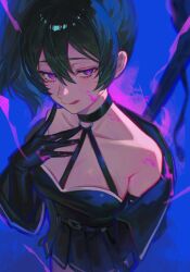 Rule 34 | 1girl, absurdres, armlet, bare shoulders, belt, black belt, black choker, black dress, black gloves, blood, blood on cheek, blood on neck, blood on shoulder, breasts, choker, cigma, commentary request, double-parted bangs, dress, gloves, green hair, hair between eyes, highres, looking at viewer, medium breasts, o-ring, pink blood, pleated dress, purple eyes, side ponytail, solo, sousou no frieren, tongue, tongue out, ubel (sousou no frieren)