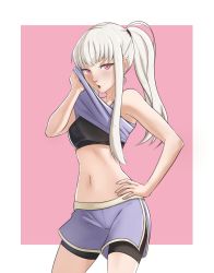 Rule 34 | 1girl, alternate hairstyle, bike shorts, bike shorts under shorts, breasts, covered erect nipples, dolphin shorts, fire emblem, fire emblem: three houses, highres, long hair, looking at viewer, lysithea von ordelia, nintendo, open mouth, pink background, pink eyes, pomelomelon, ponytail, shorts, small breasts, solo, sports bra, tank top, white hair