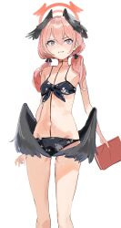 Rule 34 | 1girl, absurdres, bikini, black bikini, black bow, black wings, blue archive, blush, book, bow, breasts, clenched teeth, collarbone, double-parted bangs, feathered wings, feet out of frame, floral print, front-tie bikini top, front-tie top, ggab0621, hair between eyes, hair bow, hair over shoulder, halo, head wings, highres, holding, holding book, koharu (blue archive), koharu (swimsuit) (blue archive), long hair, low twintails, low wings, nose blush, official alternate costume, parted lips, pink eyes, pink hair, pink halo, print bikini, pussy juice, pussy juice drip through clothes, simple background, small breasts, solo, spaghetti strap, swimsuit, tearing up, tears, teeth, twintails, white background, wings