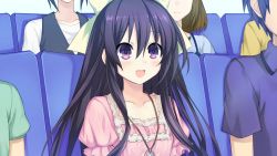 Rule 34 | 10s, 1girl, blush, collarbone, date a live, eyebrows, frilled shirt, frills, game cg, green ribbon, hair between eyes, hair ribbon, happy, jewelry, long hair, necklace, official art, open mouth, pink shirt, purple eyes, purple hair, ribbon, shirt, sitting, smile, solo focus, tsunako, yatogami tooka