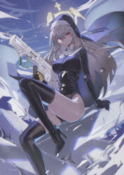 Rule 34 | 1girl, assault rifle, black footwear, black gloves, blue archive, bullpup, closed mouth, cross, crossed bangs, foot out of frame, gloves, glowing, glowing eyes, grey hair, gun, habit, halo, high heels, highres, holding, holding gun, holding weapon, iwi tavor, justina follower (blue archive), latex, latex gloves, latex leotard, leotard, long hair, looking at viewer, official alternate costume, purple eyes, rifle, rubble, sakurako (blue archive), sky, smile, solo, weapon, yakihoko