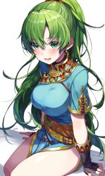 Rule 34 | 1girl, :d, arm support, belt, blush, breasts, commentary request, earrings, fingerless gloves, fire emblem, fire emblem: the blazing blade, fire emblem heroes, gloves, green eyes, green hair, hair between eyes, high ponytail, highres, jewelry, large breasts, long hair, lyn (fire emblem), nintendo, open mouth, pelvic curtain, ponytail, ringozaka mariko, shadow, short sleeves, side slit, sidelocks, simple background, sitting, smile, solo, thighs, white background