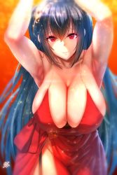 Rule 34 | 1girl, ahoge, alcohol, armpits, arms up, azur lane, bare shoulders, black hair, blurry, blurry background, blush, breasts, champagne flute, choker, cleavage, collarbone, cup, dress, drinking glass, garter straps, gold trim, groin, hair between eyes, hair ornament, highres, huge breasts, k.ty (amejin), large breasts, leaning forward, light particles, long hair, looking at viewer, official alternate costume, one side up, parted lips, red dress, red eyes, sidelocks, signature, smile, solo, taihou (azur lane), taihou (forbidden feast) (azur lane), thighs, very long hair