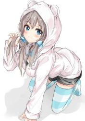 Rule 34 | 1girl, absurdres, all fours, animal hood, aqua eyes, aqua thighhighs, blush, breasts, brown hair, closed mouth, grey hair, hair ornament, hairband, highres, holding, holding own hair, hood, hood up, hoodie, liver city, long hair, long sleeves, looking at viewer, mashiro kuma, medium breasts, na kyo, no shoes, short shorts, shorts, sidelocks, sleeves past wrists, smile, solo, striped clothes, striped thighhighs, thighhighs, virtual youtuber, white hoodie