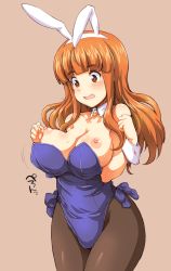 Rule 34 | 10s, 1girl, animal ears, bare shoulders, black pantyhose, blush, breasts, brown background, brown eyes, commentary request, detached collar, fake animal ears, girls und panzer, hagiya masakage, highres, large breasts, leotard, long hair, looking down, nipples, open mouth, orange hair, pantyhose, playboy bunny, rabbit ears, simple background, solo, standing, takebe saori, wardrobe malfunction, wrist cuffs