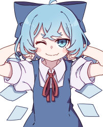 Rule 34 | 1girl, absurdres, blue bow, blue dress, blue eyes, blue hair, blush stickers, bow, cirno, closed mouth, collared shirt, detached wings, dress, fairy, hair bow, highres, ice, ice wings, kame (kamepan44231), one-hour drawing challenge, one eye closed, puffy short sleeves, puffy sleeves, shirt, short hair, short sleeves, simple background, smile, solo, touhou, white background, white shirt, wings