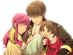 Rule 34 | 2boys, 2girls, altena (fire emblem), baby, brown eyes, brown hair, closed eyes, commentary request, ethlyn (fire emblem), father and daughter, father and son, fire emblem, fire emblem: genealogy of the holy war, holding baby, hug, leif (fire emblem), mother and daughter, mother and son, multiple boys, multiple girls, nintendo, open mouth, parted bangs, pink hair, ponytail, quan (fire emblem), shitsuki chika, sidelocks, simple background, smile, white background