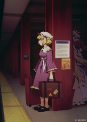 Rule 34 | 2girls, artist name, black footwear, blonde hair, closed mouth, collar, cruormor, dress, english text, expressionless, frilled collar, frilled dress, frilled sleeves, frills, full body, hand fan, hat, hat ribbon, highres, holding, holding fan, holding suitcase, long hair, looking at viewer, maribel hearn, mob cap, multiple girls, poster (object), purple dress, purple eyes, red ribbon, ribbon, short hair, sideways glance, sign, socks, standing, suitcase, touhou, train station, very long hair, warning sign, wavy hair, white headwear, wide sleeves, yakumo yukari
