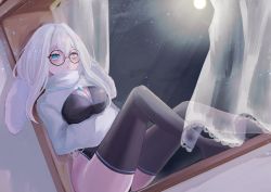 Rule 34 | 1girl, absurdres, animal ears, blue eyes, breasts, cleavage, commission, commissioner upload, curtains, glasses, heterochromia, highres, indie virtual youtuber, large breasts, moon, moonlight, rabbit ears, rabbit girl, re i to u, skeb commission, solo, usagi mizuno, virtual youtuber, white hair, window, yellow eyes