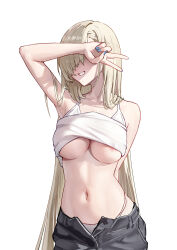Rule 34 | 1girl, absurdres, areola slip, arm behind back, arm up, armpits, asuna (blue archive), bare shoulders, blonde hair, blue archive, blue nails, breasts, camisole, camisole lift, clothes lift, commentary request, covering own eyes, cowboy shot, fingernails, grey pants, grin, hair over eyes, highres, large breasts, liwen520, long hair, nail polish, navel, open fly, panties, pants, simple background, smile, solo, standing, stomach, underboob, underwear, v, very long hair, white background, white camisole, white panties