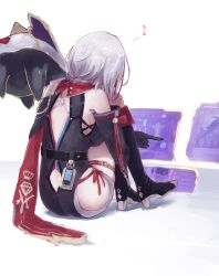 Rule 34 | 1girl, back cutout, bare shoulders, black footwear, black gloves, boots, clothing cutout, commentary, from behind, gloves, grey hair, high heel boots, high heels, highres, hip vent, honkai: star rail, honkai (series), musical note, numby (honkai: star rail), sanshoku dango (ahxf3842), simple background, sitting, solo, topaz (honkai: star rail), trotter (honkai: star rail), white background