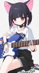Rule 34 | 1girl, absurdres, animal ears, black choker, black hair, black jacket, black mask, blue archive, blush, cat ears, choker, closed mouth, clothes around waist, collarbone, colored inner hair, electric guitar, extra ears, guitar, hair ornament, hairclip, highres, holding, holding instrument, instrument, jacket, jacket around waist, kazusa (band) (blue archive), kazusa (blue archive), mask, mask pull, measho, mouth mask, multicolored hair, official alternate costume, pink hair, pleated skirt, red eyes, shirt, short hair, short sleeves, simple background, skirt, solo, white background, white shirt, white skirt