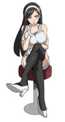 Rule 34 | 10s, 1girl, bare shoulders, black hair, black thighhighs, blue eyes, bracelet, breasts, butcha-u, crossed legs, dress, finger to mouth, gloves, hairband, high heels, jewelry, kumashiro maya, legs, long hair, md5 mismatch, resolution mismatch, seikimatsu occult gakuin, shoes, short dress, simple background, sitting, solo, source smaller, stool, thighhighs, white dress