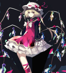 Rule 34 | 1girl, bad id, bad pixiv id, black background, blonde hair, crystal, dress, flandre scarlet, frilled dress, frills, green night, hat, looking at viewer, mob cap, remilia scarlet, short hair, touhou