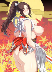 Rule 34 | 1girl, arm guards, ass, blush, breasts, breasts out, brown eyes, brown hair, fatal fury, female focus, folded fan, folding fan, hand fan, high ponytail, highres, holding, holding fan, large breasts, matching hair/eyes, ninja, nipples, pelvic curtain, ponytail, revealing clothes, rope, shiranui mai, sideboob, snk, solo focus, the king of fighters, thong, zucchini