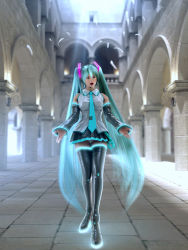 Rule 34 | 00s, 1girl, 3d, between breasts, breasts, green hair, hatsune miku, incise soul, looking at viewer, m-rs, necktie, necktie between breasts, standing, thighhighs, twintails, vocaloid