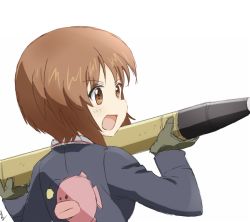 Rule 34 | 1girl, anglerfish, artist name, black gloves, blue jacket, brown eyes, brown hair, commentary, emblem, fish, girls und panzer, gloves, holding, jacket, long sleeves, looking to the side, ma-2 (konkon kitakitsune), military, military uniform, nishizumi miho, ooarai military uniform, short hair, signature, simple background, solo, tank shell, uniform, upper body, white background