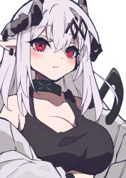 Rule 34 | 1girl, absurdres, arknights, bare shoulders, black tank top, bodysuit, breasts, closed mouth, collarbone, commentary request, ear piercing, grey hair, hair between eyes, highres, horns, large breasts, long hair, looking at viewer, mudrock (arknights), piercing, pointy ears, red eyes, saizukiconoha, simple background, solo, tank top, upper body, very long hair, white background, white bodysuit