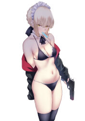 Rule 34 | 1girl, absurdres, arm behind back, artoria pendragon (all), artoria pendragon (fate), bare shoulders, black jacket, black thighhighs, blonde hair, braid, breasts, choker, cleavage, eyes visible through hair, fate/grand order, fate (series), food, food in mouth, frilled choker, frills, gun, highres, holding, holding gun, holding weapon, jacket, long sleeves, looking at viewer, medium breasts, mouth hold, navel, off shoulder, okuma707, popsicle, saber alter, short hair, simple background, solo, standing, stomach, thighhighs, weapon, white background, yellow eyes