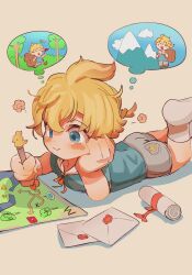 Rule 34 | 1boy, aged down, backpack, bag, blonde hair, blue eyes, blush, child, commentary request, drawing, envelope, genshin impact, hair between eyes, indoors, lying, male focus, mika (genshin impact), mountain, on stomach, open mouth, outdoors, short hair, shorts, socks, solo, sonutin, thought bubble, tree, writing