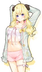 Rule 34 | 1girl, ahoge, animal ears, blonde hair, blush, breasts, camisole, frilled camisole, frills, hair ornament, hairclip, highres, hololive, hood, horns, jacket, large breasts, long hair, loungewear, ma draws, official alternate costume, open mouth, pink shorts, purple eyes, see-through, see-through camisole, sheep ears, sheep girl, sheep horns, shorts, smile, solo, tsunomaki watame, tsunomaki watame (loungewear), virtual youtuber, white camisole
