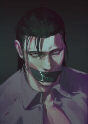 Rule 34 | 1boy, 9gu 84, absurdres, black hair, blood, blood on clothes, blood on face, gag, highres, improvised gag, looking at viewer, loose hair strand, male focus, mature male, medium hair, nosebleed, ponytail, portrait, scar, scar on chin, scar on face, scar on mouth, scar on nose, sergei dragunov, simple background, solo, tape, tape gag, tekken