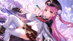Rule 34 | 1girl, black hat, bubble, bubble pipe, fujima takuya, hat, heaven burns red, highres, holding, jacket, kunimi tama, long hair, long sleeves, looking at viewer, parted lips, pink eyes, pink hair, plaid, plaid skirt, sailor hat, skirt, solo, thighhighs, white thighhighs, zettai ryouiki