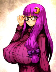 Rule 34 | 1girl, breasts, covered erect nipples, female focus, glasses, hair ornament, huge breasts, long hair, patchouli knowledge, purple eyes, purple hair, ribbon, sentarou, solo, standing, sweater, touhou, upper body
